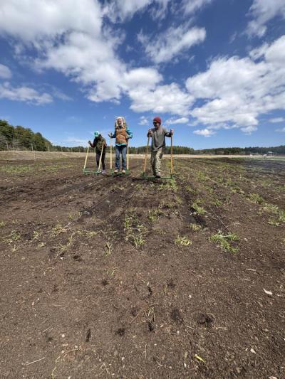 Volunteers work on the farm. 