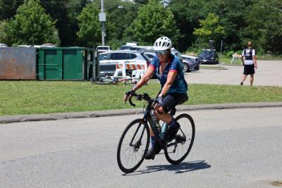 A rider steers into the Decas School pit stop. 