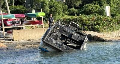 The boat after the fire was extinguished. Photo source: Wareham Department of Natural Resources