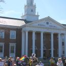 Town Hall stands tall behind the protests.