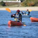 Donna Devine dons a mask for the paddle.