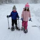 With snow shoes borrowed from the Wareham Free Library, left, 4-year-old John and 7-year-old Maddie Deasy trek the winter wonderland of Wareham. Photo source: Kristen Schmitt