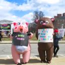Wareham residents Jane Golden, left, and Kim Nashawaty pose in their inflatable costumes. 