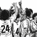 The grey scaled photo of the players.