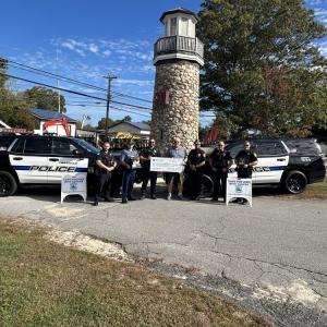 Left to right: Officer William Roush, Mass State Trooper Corey Caraher (Tournament Winner), Officer Lorenzo Grosso, CFKWC Board Member Tom Reed, Chief Walter Correia, Officer Blaise Lalli, Officer Calib LaRue. Photo source: Wareham Police Department