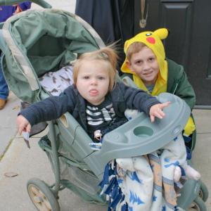 Worlds collide as skeleton Alora Fortes and Pikachu Noah Brown pose for a photo. 