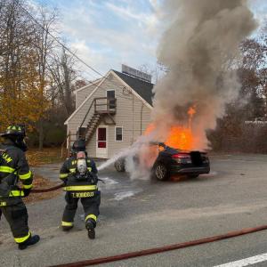The Wareham Fire Department hoses down the fire. Photo Source: Wareham Fire Department