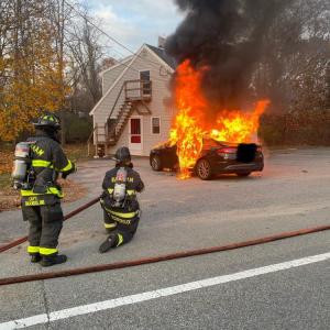 Fully engulfed, the fire department works to make sure the flames don't impact the structure of the building. Photo Source: Wareham Fire Department