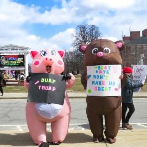 Wareham residents Jane Golden, left, and Kim Nashawaty pose in their inflatable costumes. 
