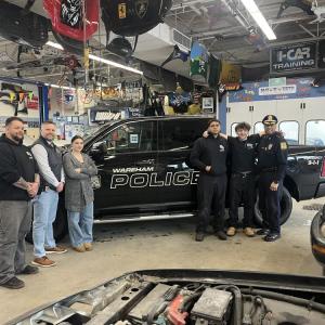 From the left, Instructor Kevin Salsman, Wareham PD LT. Bryan Whalen, student and Wareham resident Willow Tellier, student and Wareham resident Juan Rosario-Zamora, student and Wareham resident Aidan Ventura along with Wareham Police Chief Walter Correia. Photo source: Upper Cape Tech