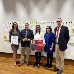 Senator Kelly Dooner, Scott Palladino, Assistant Principals Andrea Cannon and Kim Cavicchi and Superintendent Matt D’Andrea. Photo source: Joyce Bacchiocchi