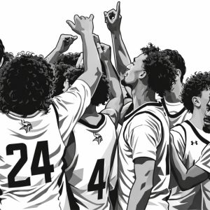 The grey scaled photo of the players.