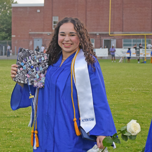Samantha Baptiste with her decorated cap. 