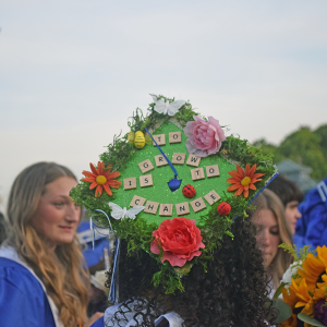 A cap decorated to look ahead. 