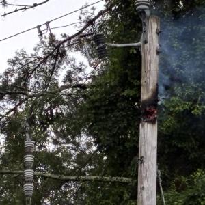 A hole burned into a utility pole on Cromesett Road on Monday, July 6, knocking out power to residents. Source: Laura Taylor