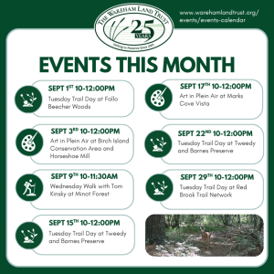 A calendar of events for the Wareham Land Trust in September, Sept 1: 10am-12pm Tuesday Trail Day at Follo-Beecher Woods Sept 3: 10am-12pm Art in Plein Air at Birch Island and Horseshoe Mill Conservation Area Sept 9: 10am-11:30pm Wednesday Walk at Minot Forest led by Board of Advisors Tom Kinsky Sept 15th: 10am-12pm Tuesday Trail Day at Tweedy and Barnes Preserve Sept 17th: 10am-12pm Art in Plein Air at Marks Cove Vista Sept 22nd: 10am-12pm Tuesday Trail Day at Tweedy and Barnes Preserve Sept 29th: 10am-12p