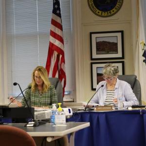 Select Board Chair Sarah Corbitt, left, and the board's clerk, Judith Whiteside. Photo by Nick Mossman